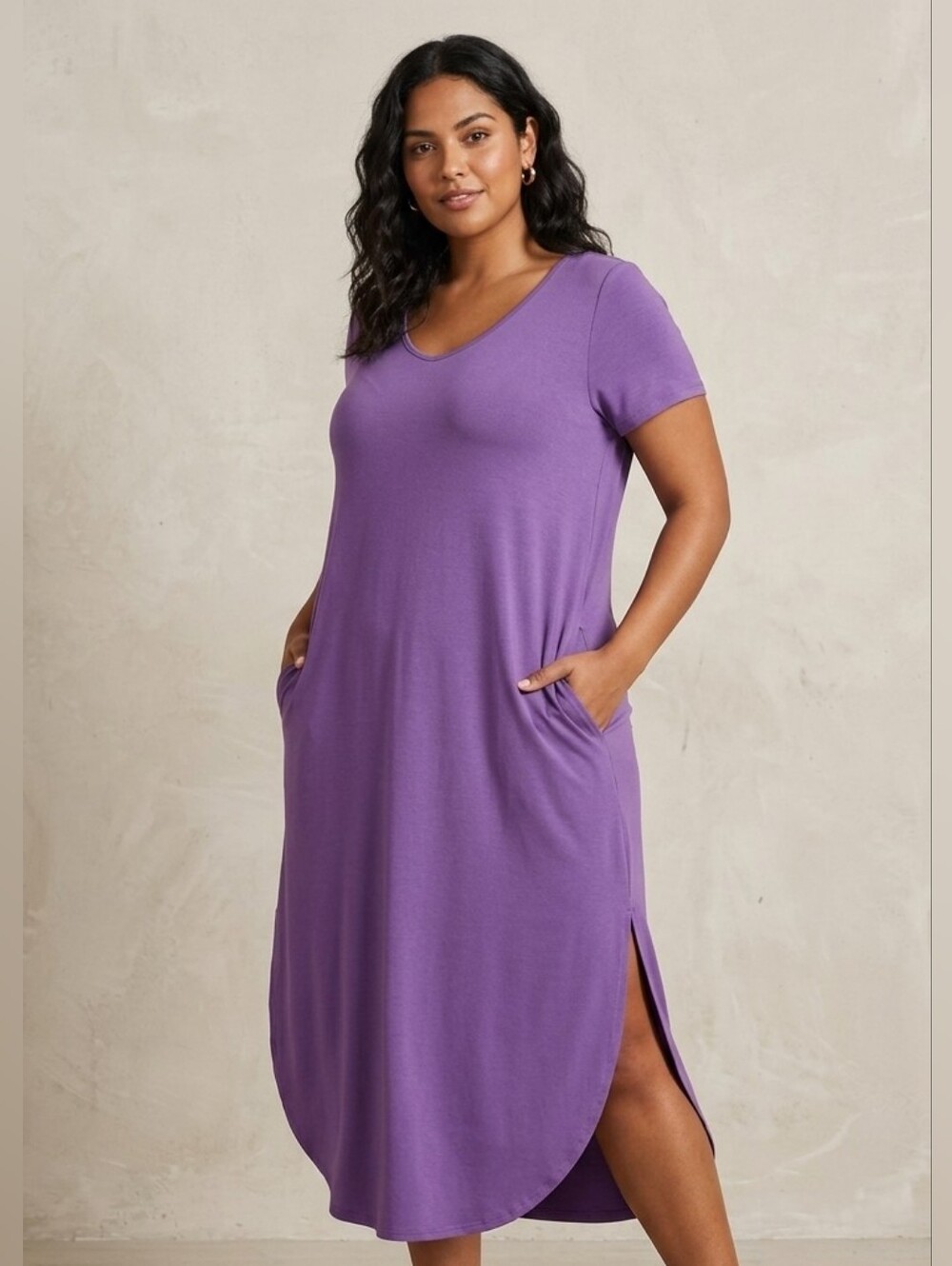 Kancystore Women’s Purple Scoop Neck Midi Dress with Pockets Side Slit XL